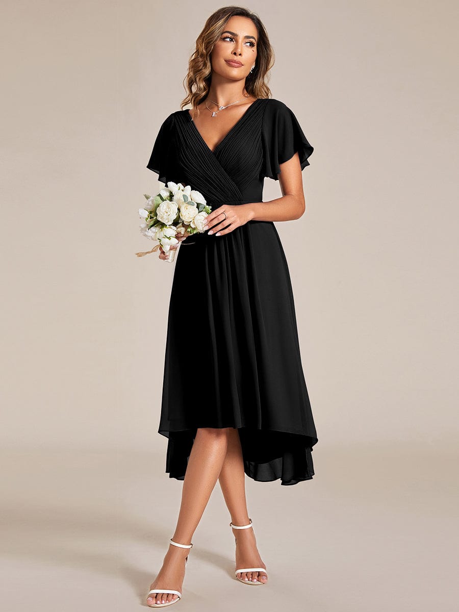 Chiffon Pleated V Neck High-Low Bridesmaid Dress #color_Black