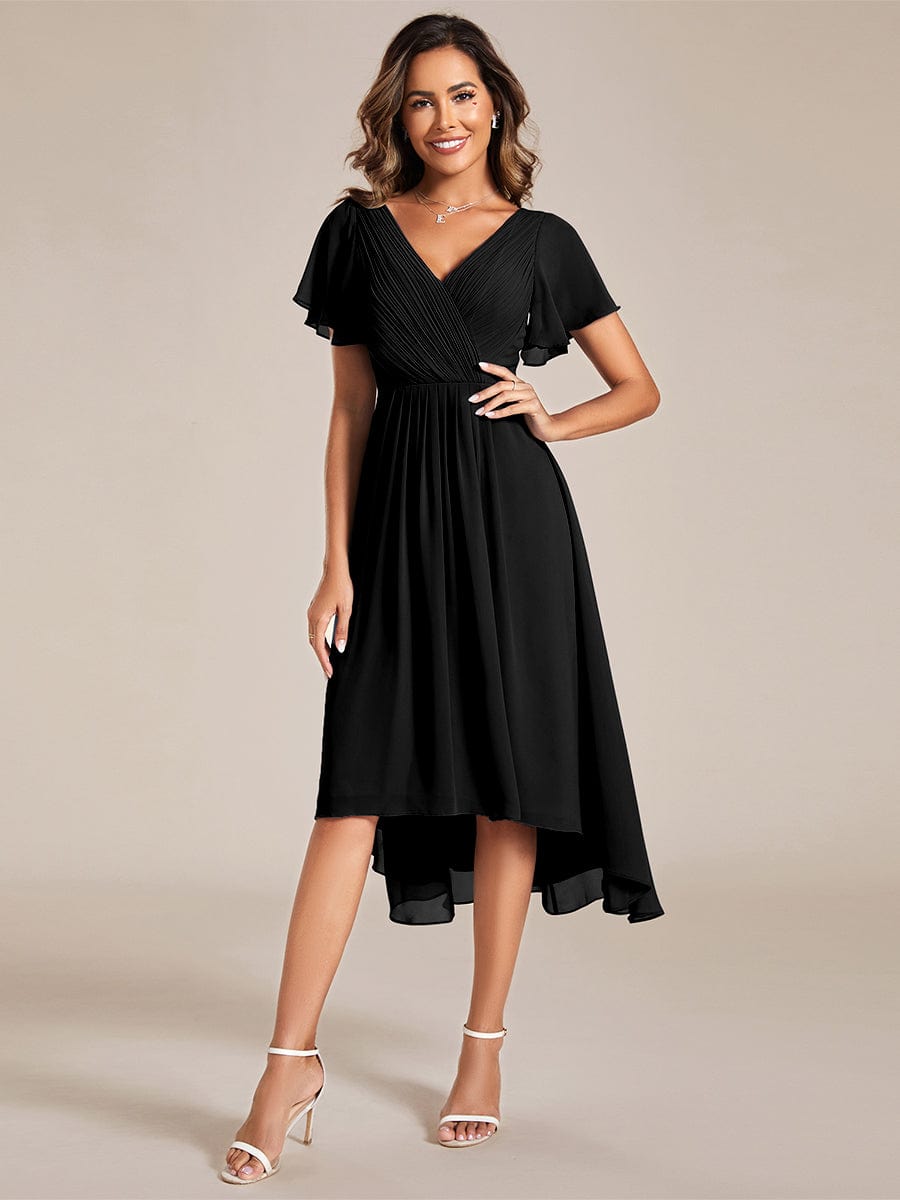 Chiffon Pleated V Neck High-Low Bridesmaid Dress #color_Black