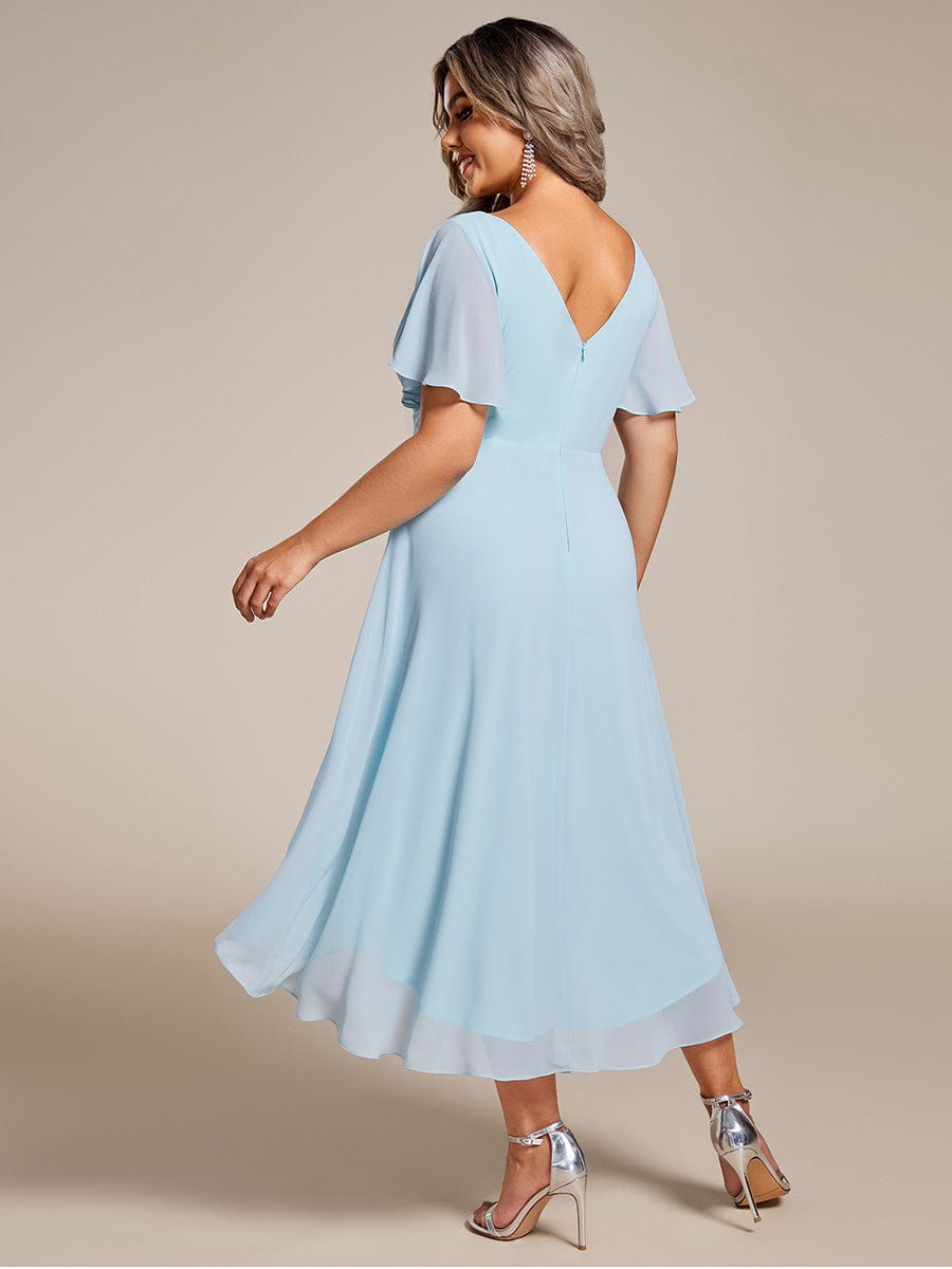 Chiffon Pleated V Neck High-Low Bridesmaid Dress #color_Sky Blue