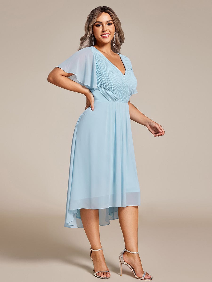 Plus Size V-Neck High-Low Chiffon Wedding Guest Dress #color_Sky Blue