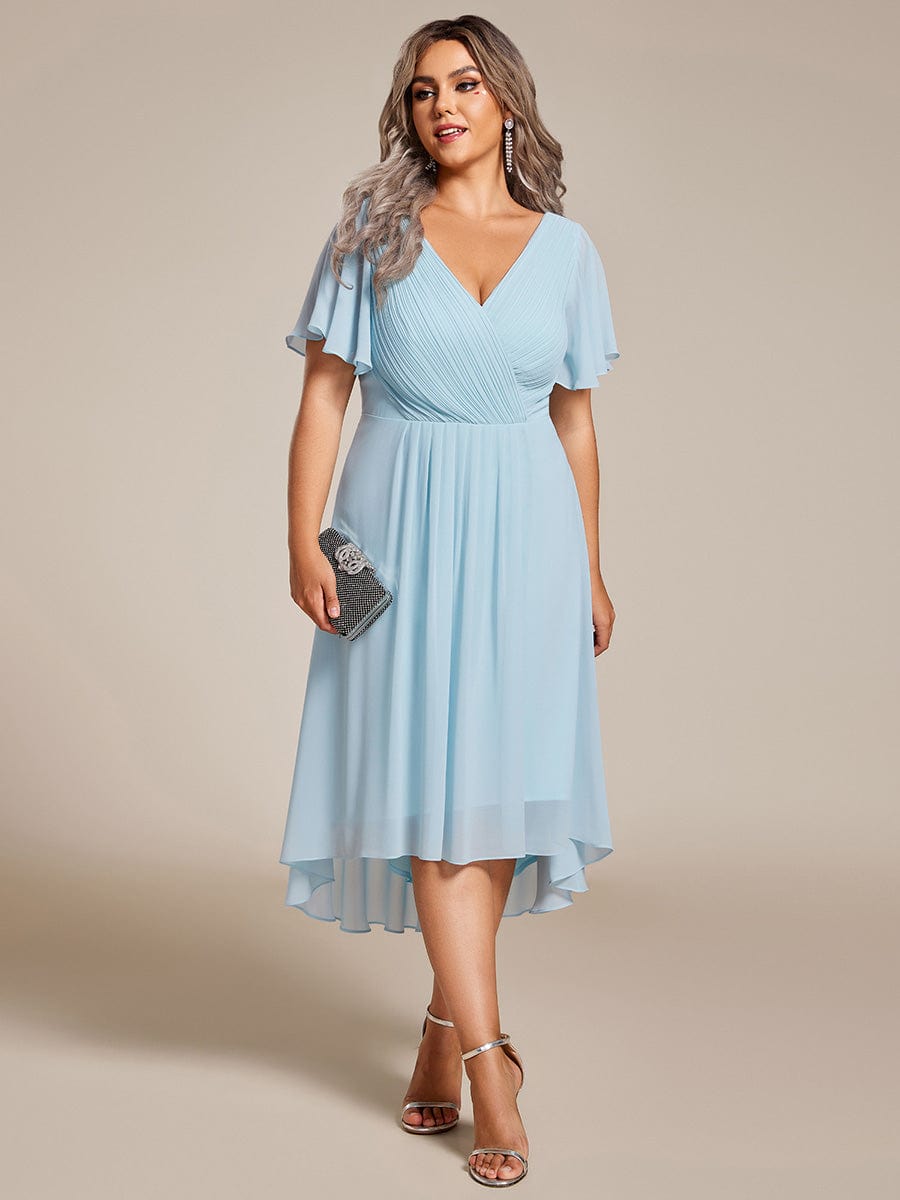 Plus Size V-Neck High-Low Chiffon Wedding Guest Dress #color_Sky Blue