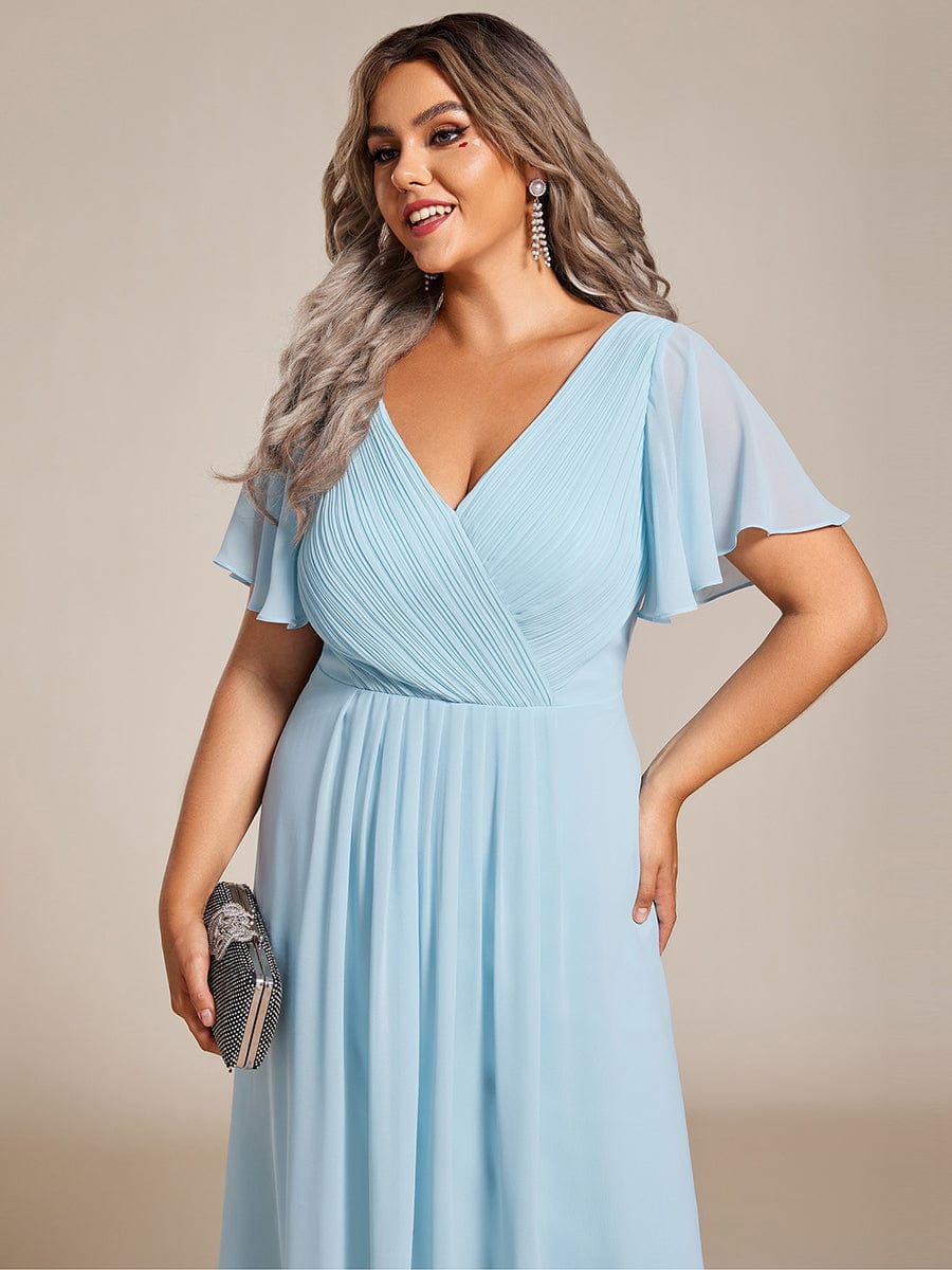 Chiffon Pleated V Neck High-Low Bridesmaid Dress #color_Sky Blue