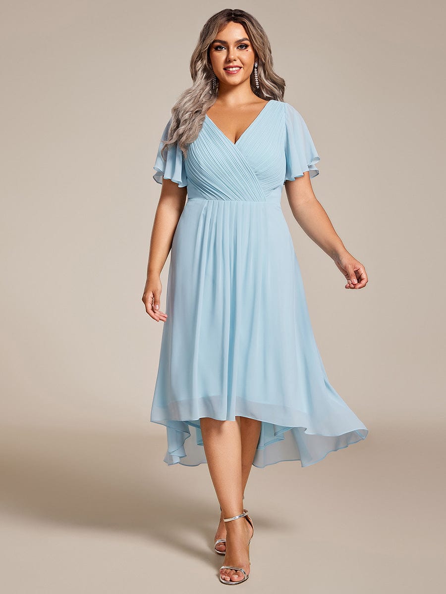 Chiffon Pleated V Neck High-Low Bridesmaid Dress #color_Sky Blue