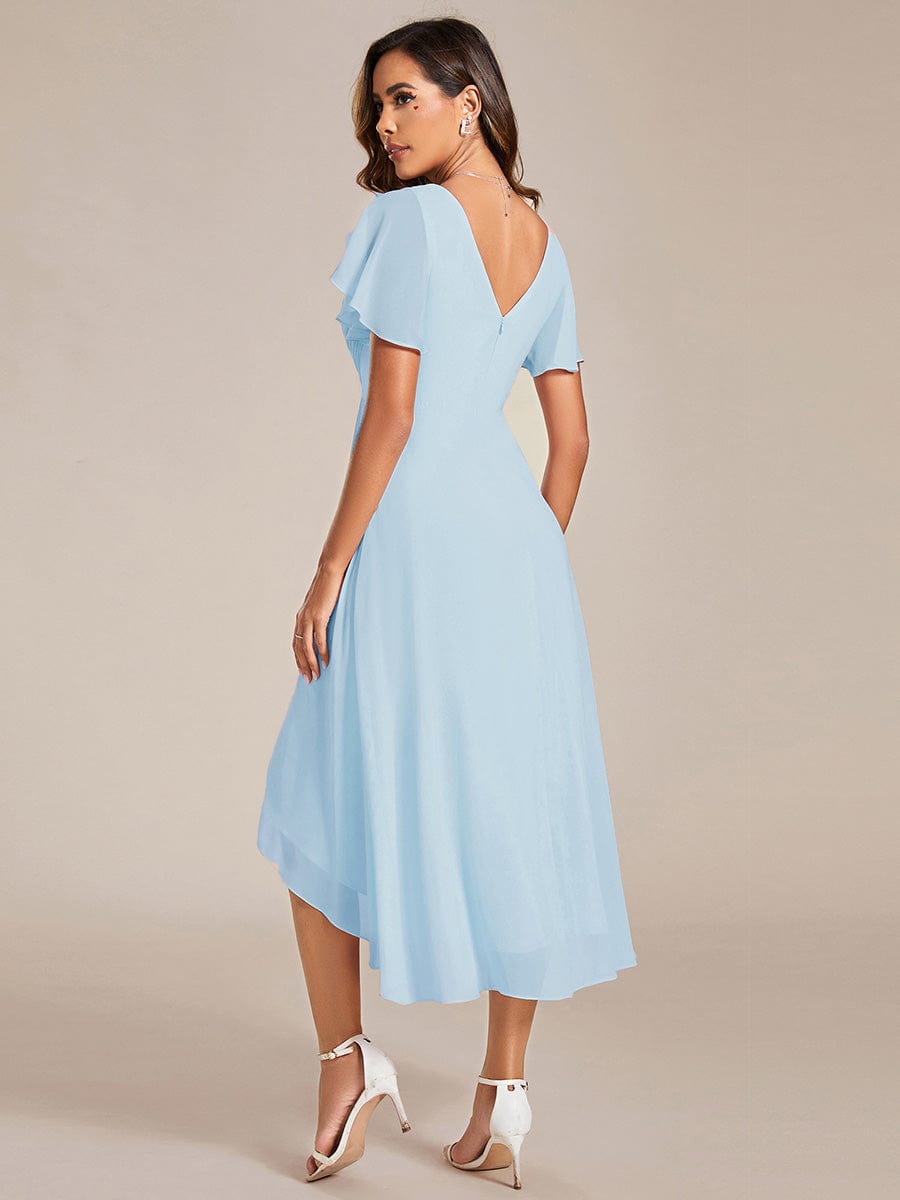 Chiffon Pleated V Neck High-Low Bridesmaid Dress #color_Sky Blue