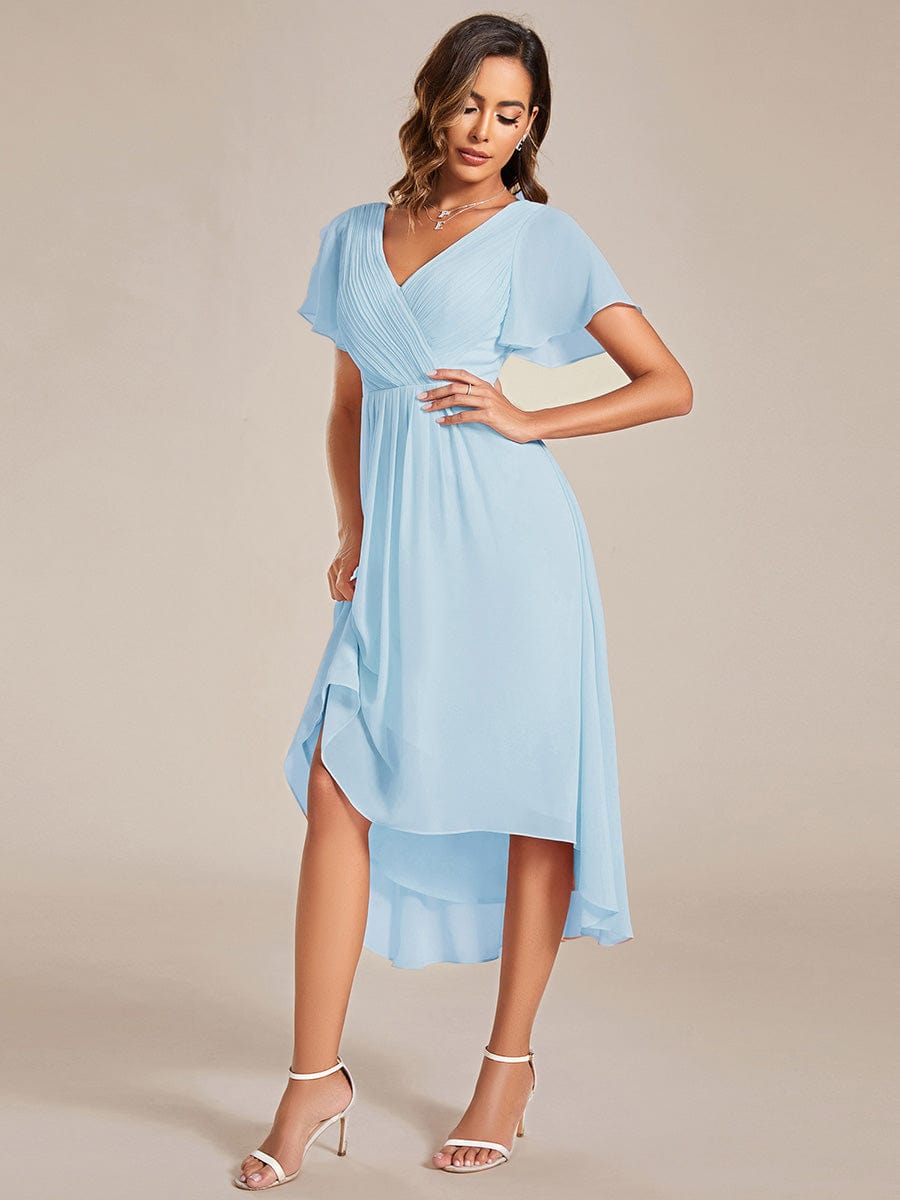 Chiffon Pleated V Neck High-Low Bridesmaid Dress #color_Sky Blue