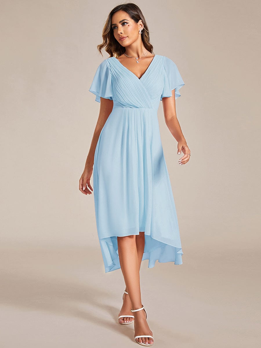 Chiffon Pleated V Neck High-Low Bridesmaid Dress #color_Sky Blue