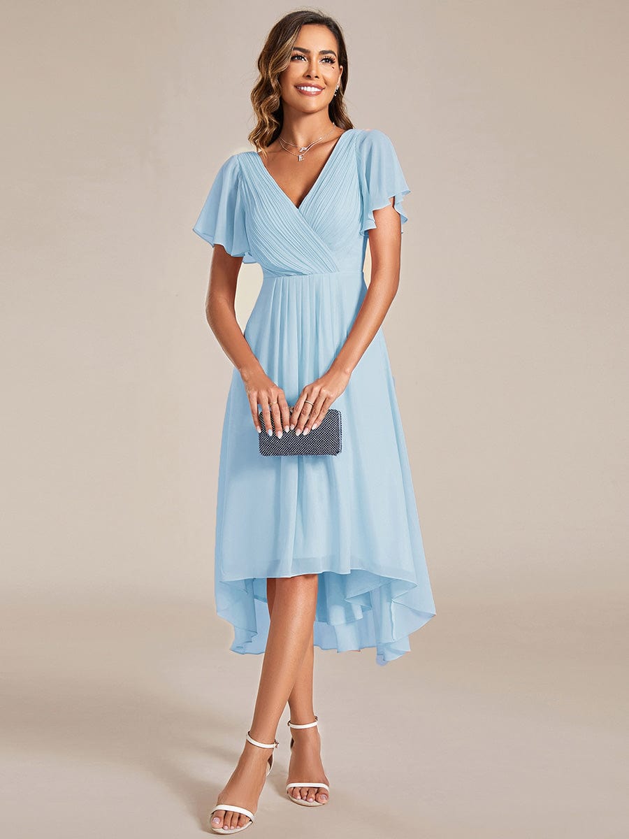 Chiffon Pleated V Neck High-Low Bridesmaid Dress #color_Sky Blue