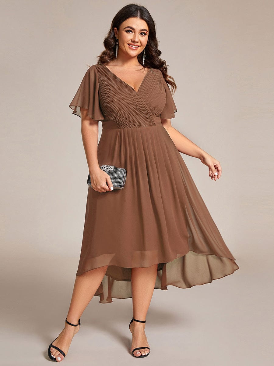 Custom Size Chic V Neck High-Low Wedding Guest Dress #color_Brown