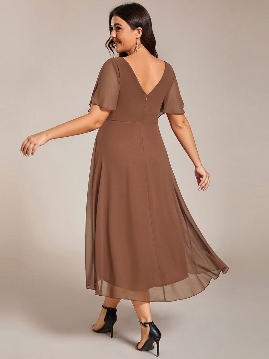 Custom Size Chic V Neck High-Low Wedding Guest Dress #color_Brown