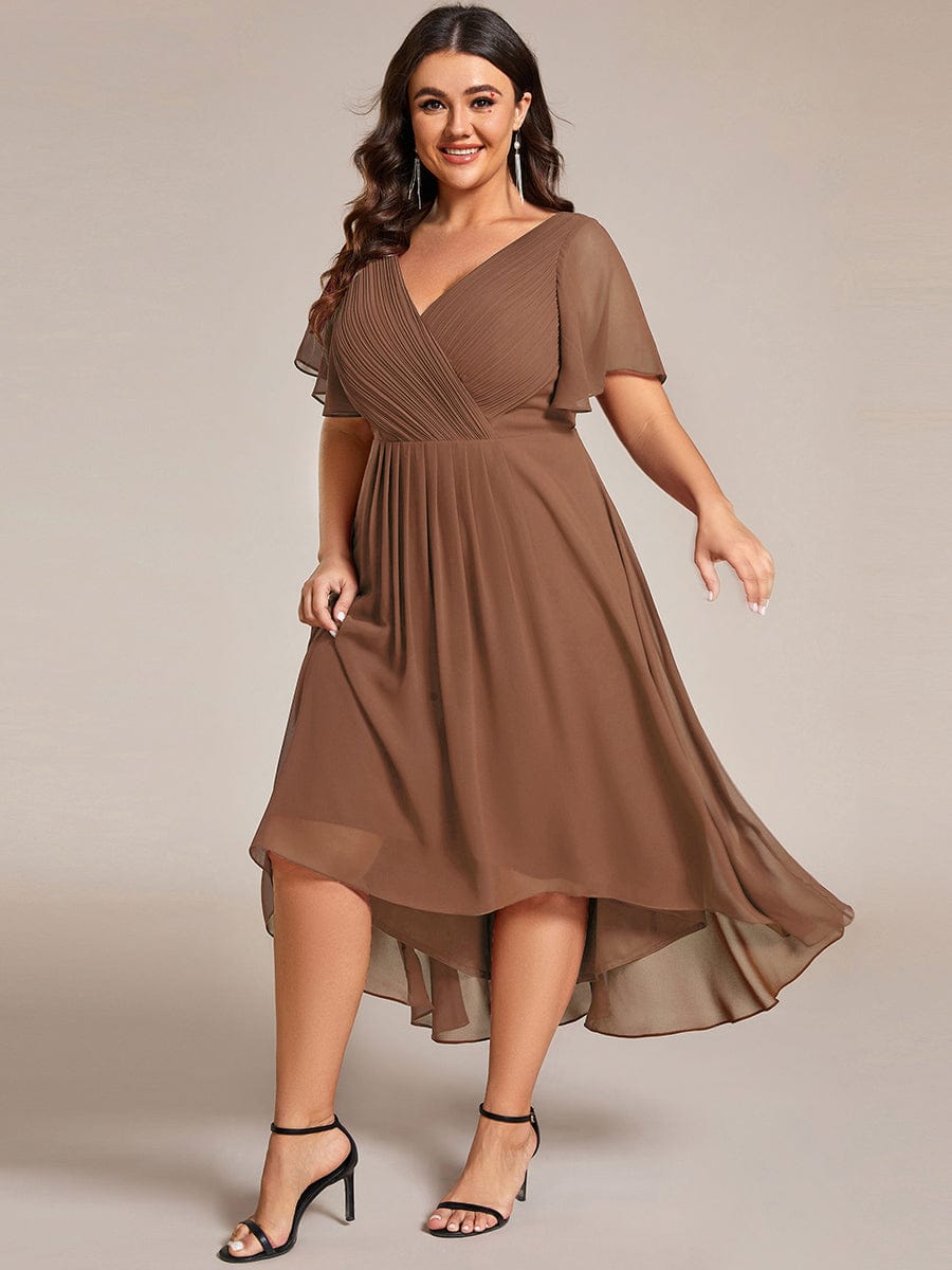 Custom Size Chic V Neck High-Low Wedding Guest Dress #color_Brown