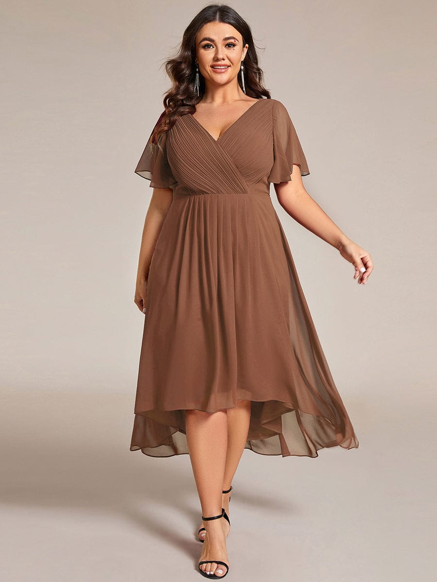 Custom Size Chic V Neck High-Low Wedding Guest Dress #color_Brown