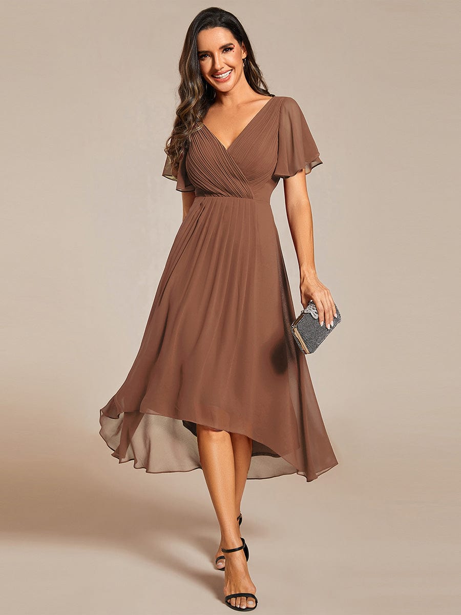 Custom Size Chic V Neck High-Low Wedding Guest Dress #color_Brown