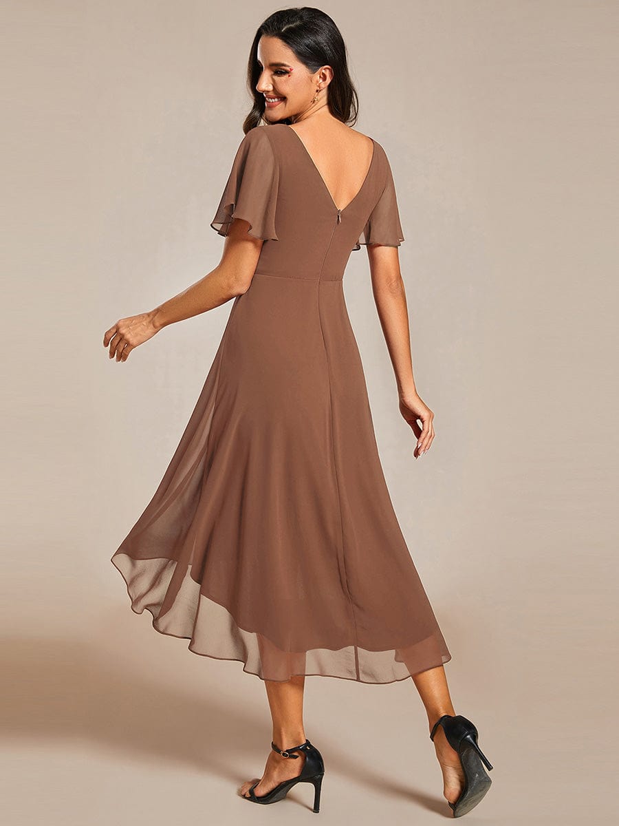 Custom Size Chic V Neck High-Low Wedding Guest Dress #color_Brown