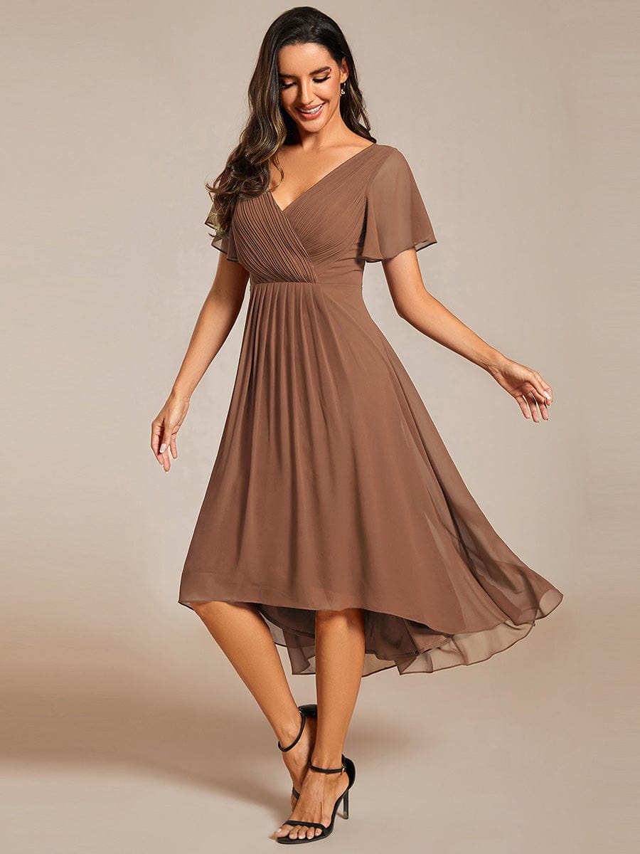 Custom Size Chic V Neck High-Low Wedding Guest Dress #color_Brown