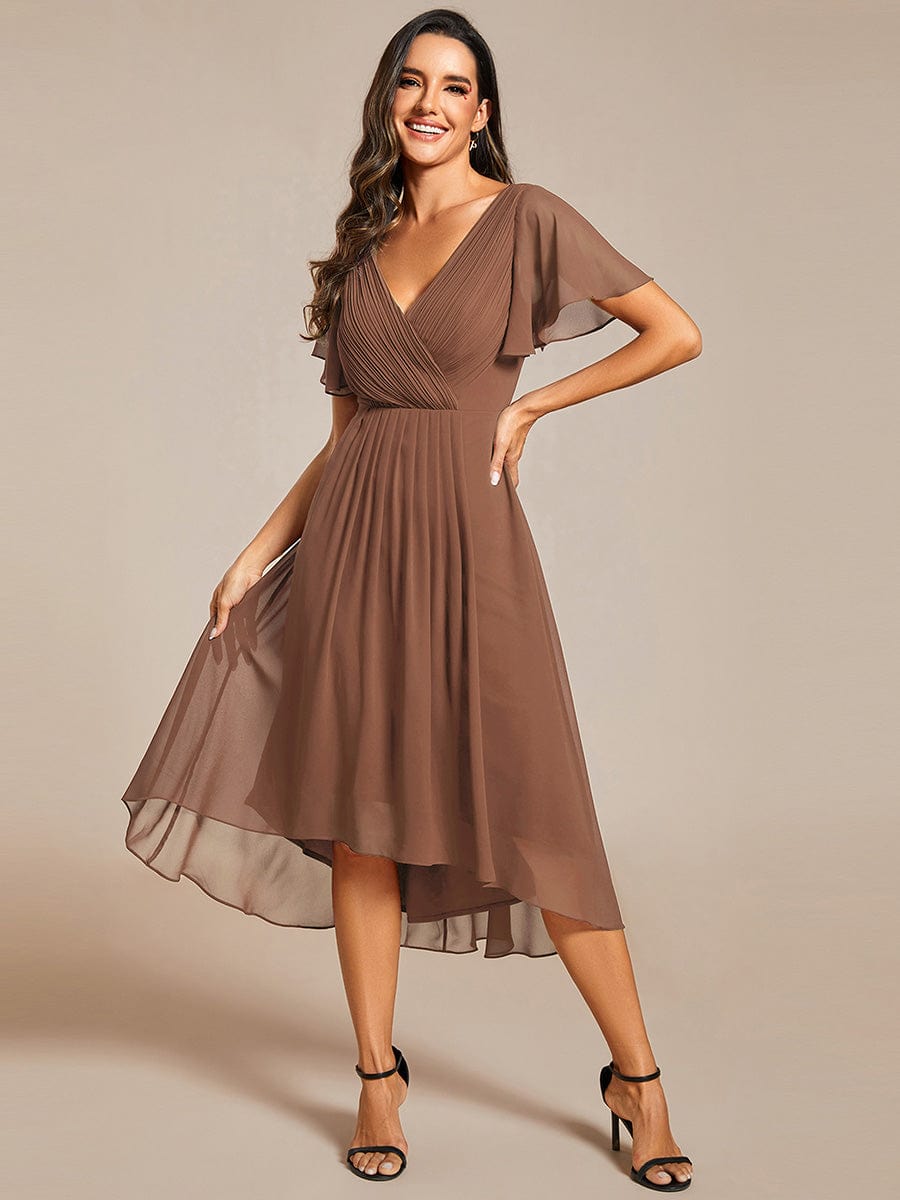 Custom Size Chic V Neck High-Low Wedding Guest Dress #color_Brown