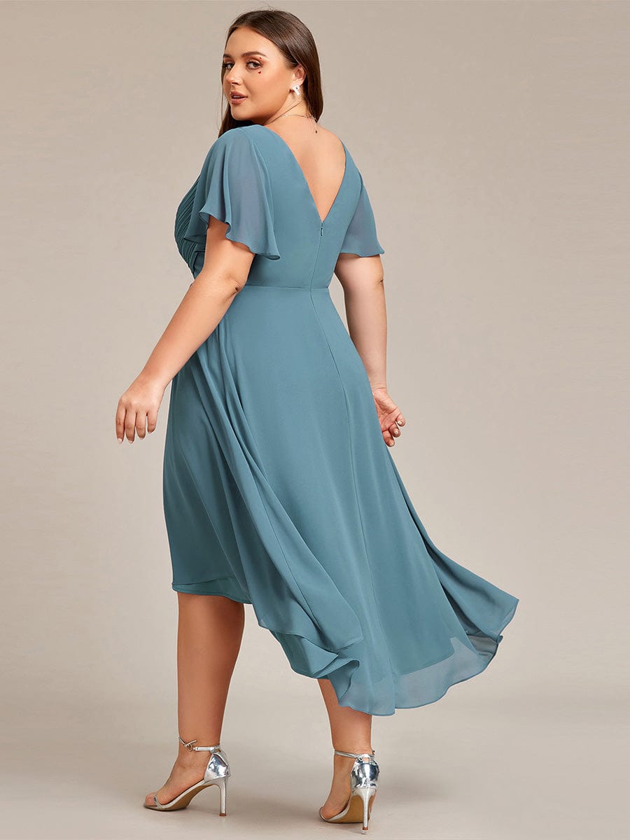 Chiffon Pleated V Neck High-Low Bridesmaid Dress #color_Light Teal