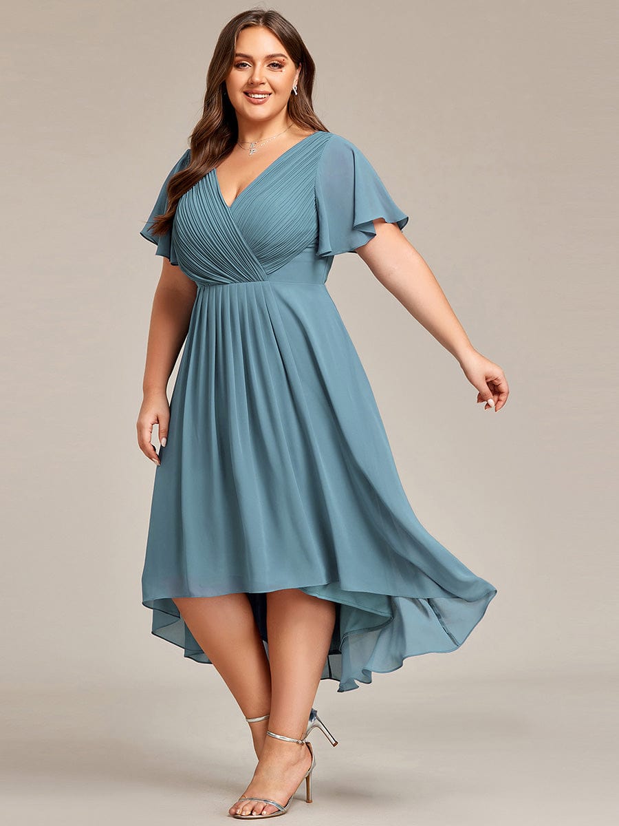 Plus Size V-Neck High-Low Chiffon Wedding Guest Dress #color_Dusty Blue