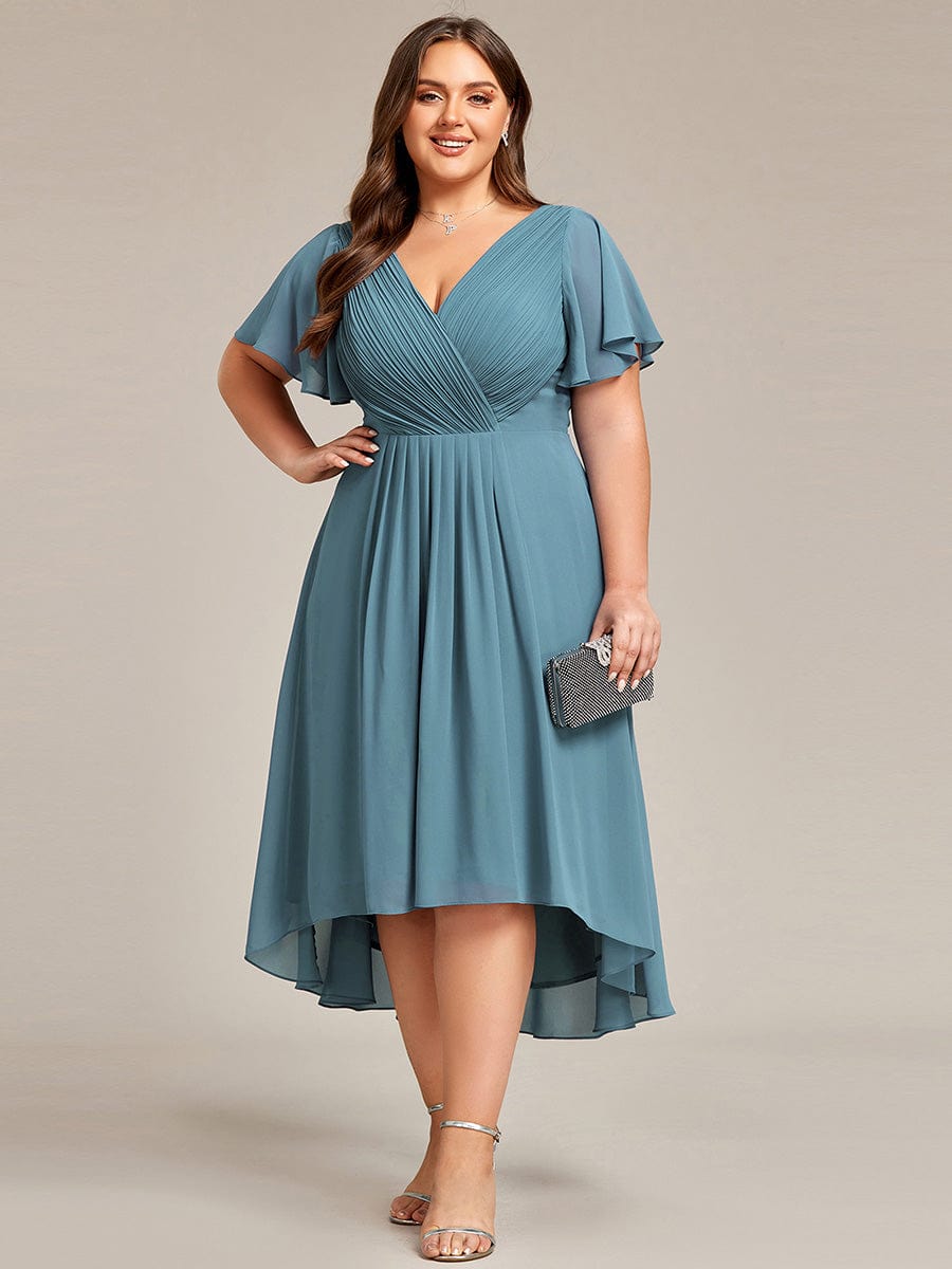 Chiffon Pleated V Neck High-Low Bridesmaid Dress #color_Light Teal