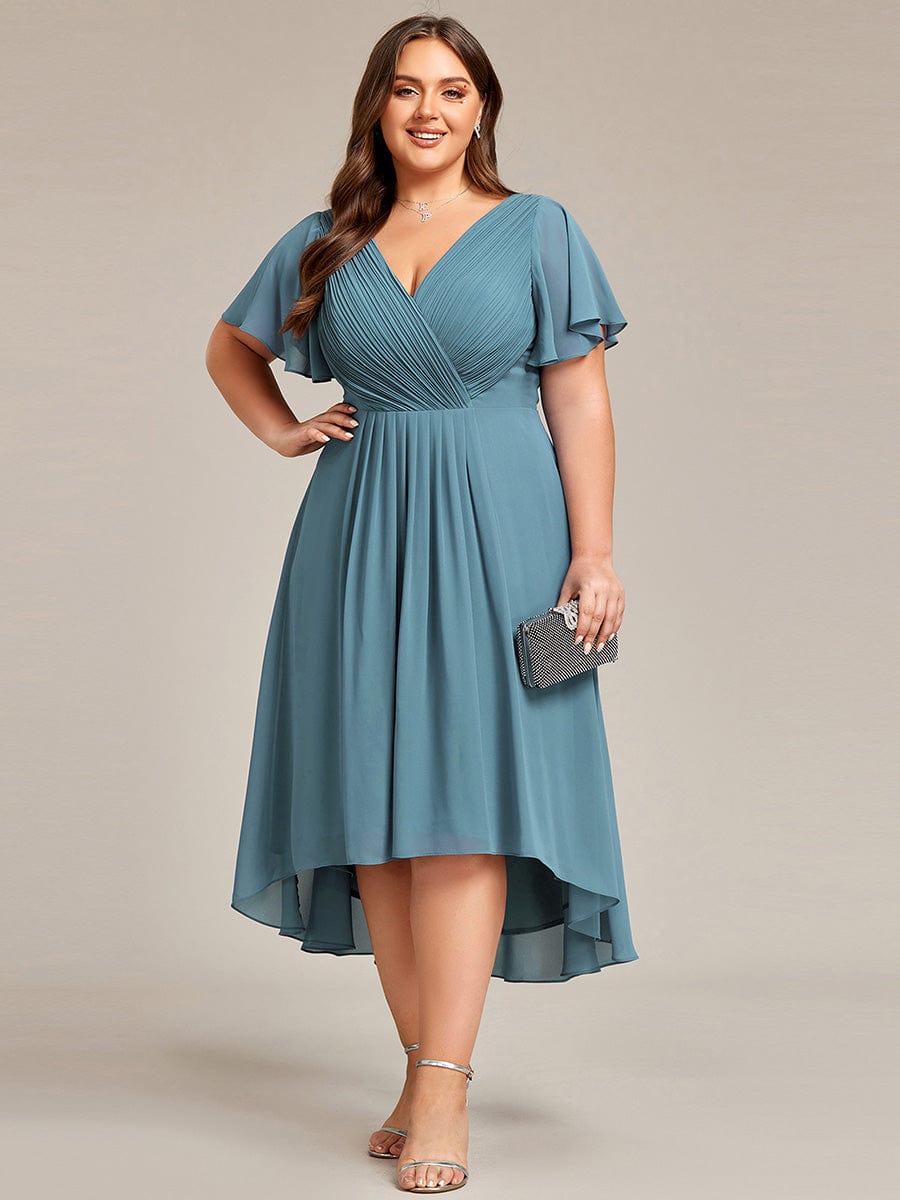 Plus Size V-Neck High-Low Chiffon Wedding Guest Dress #color_Dusty Blue