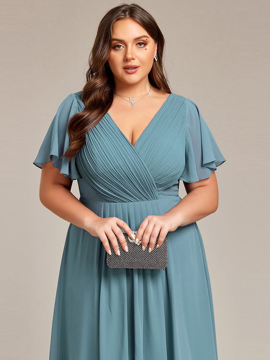 Chiffon Pleated V Neck High-Low Bridesmaid Dress #color_Light Teal