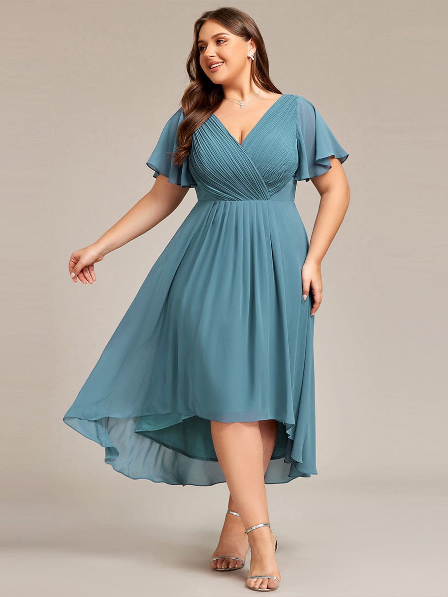 Custom Size Chic V Neck High-Low Wedding Guest Dress #color_Light Teal