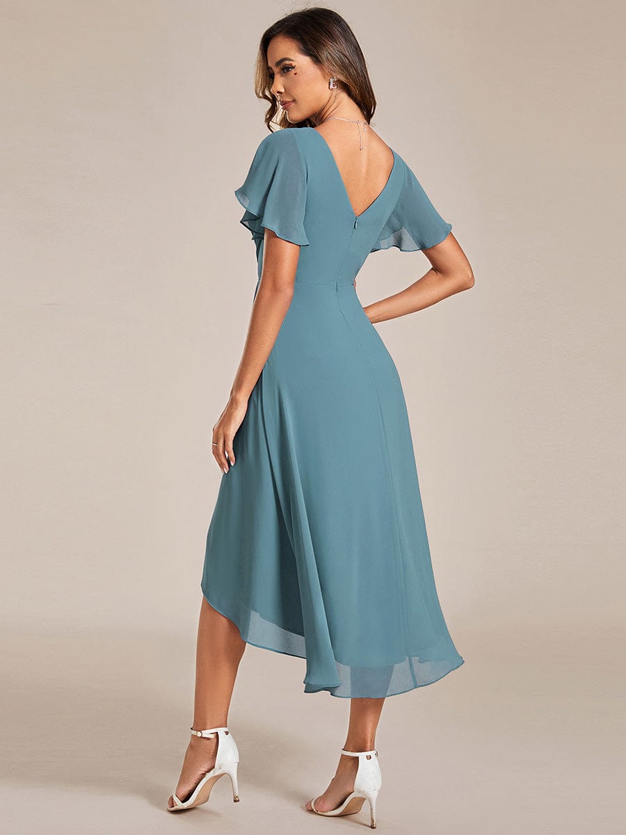 Chiffon Pleated V Neck High-Low Bridesmaid Dress #color_Light Teal