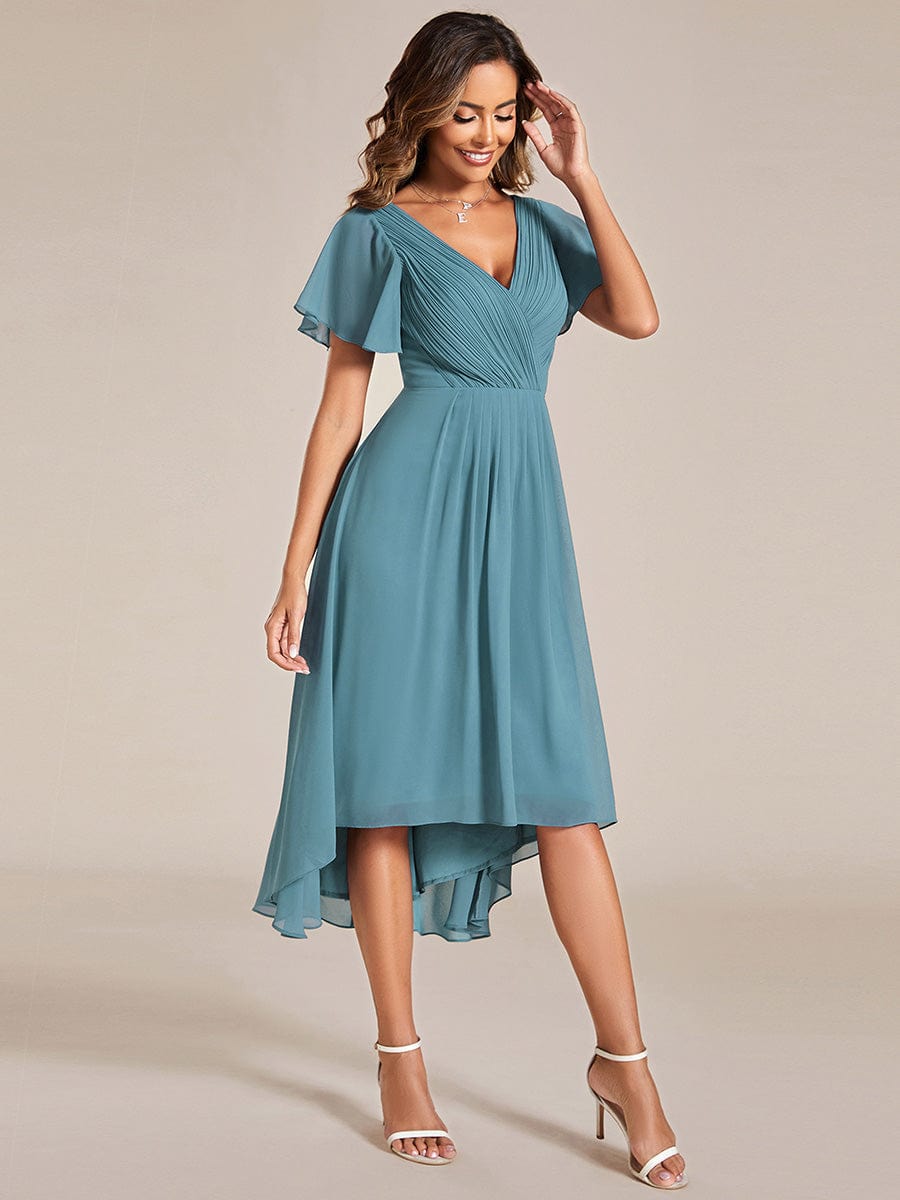 Chiffon Pleated V Neck High-Low Bridesmaid Dress #color_Light Teal