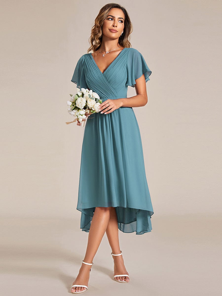 Chiffon Pleated V Neck High-Low Bridesmaid Dress #color_Light Teal