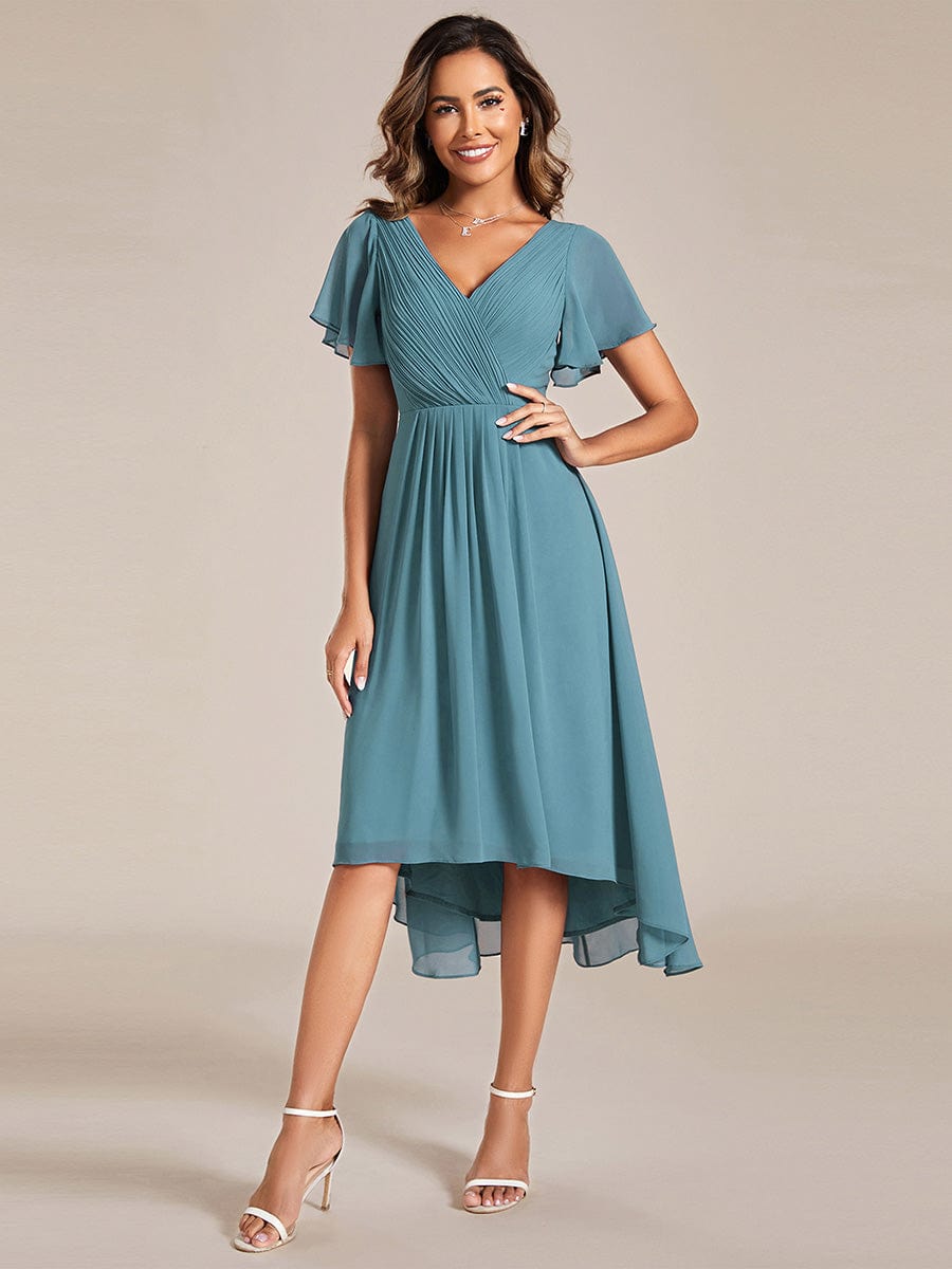 Chiffon Pleated V Neck High-Low Bridesmaid Dress #color_Light Teal