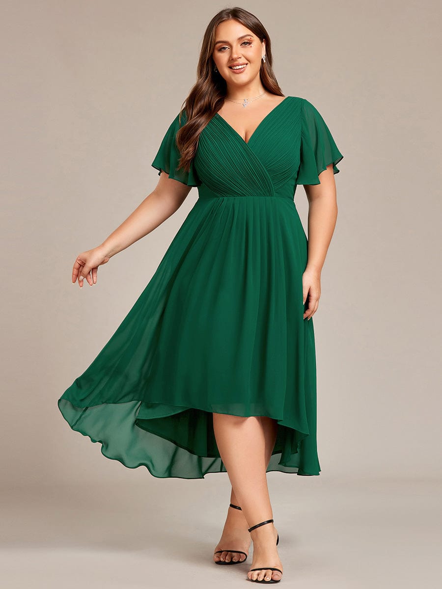 Chic V Neck High-Low Wedding Guest Dress #color_Dark Green