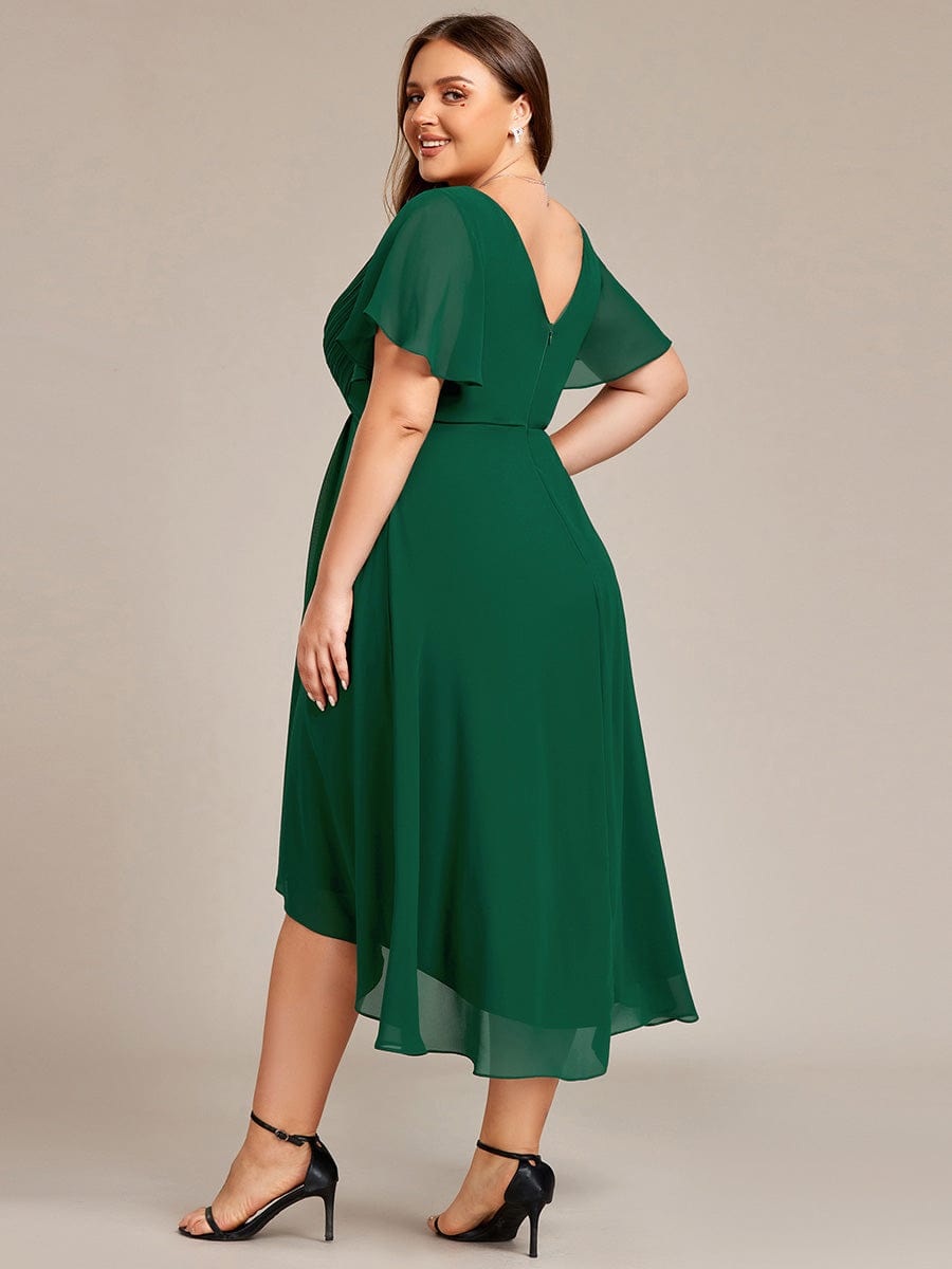 Chic V Neck High-Low Wedding Guest Dress #color_Dark Green