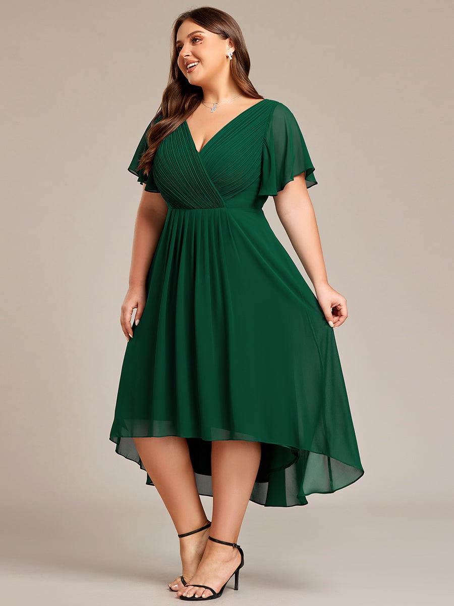 Plus Size V-Neck High-Low Chiffon Wedding Guest Dress #color_Dark Green