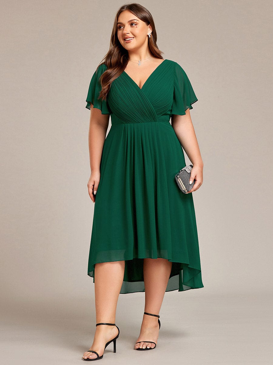 Chiffon Pleated V Neck High-Low Bridesmaid Dress #color_Dark Green