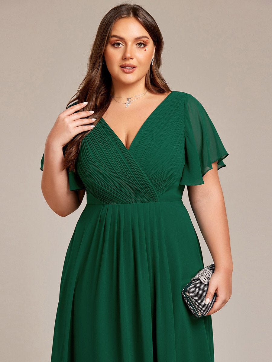 Plus Size V-Neck High-Low Chiffon Wedding Guest Dress #color_Dark Green