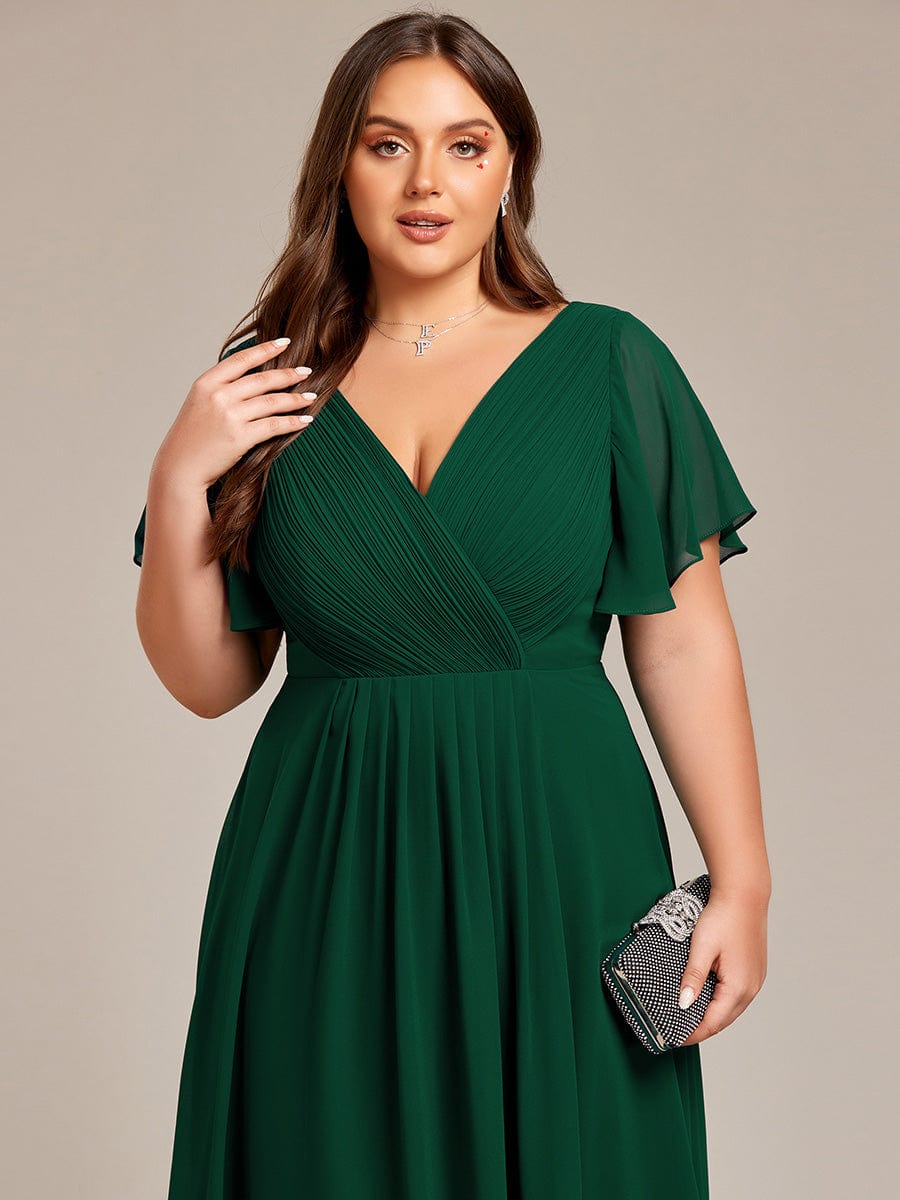 Custom Size Chic V Neck High-Low Wedding Guest Dress #color_Dark Green