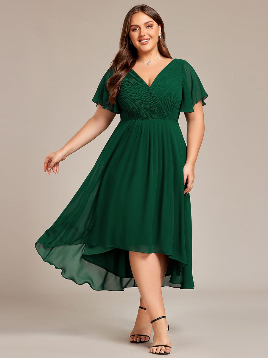 Chiffon Pleated V Neck High-Low Bridesmaid Dress #color_Dark Green