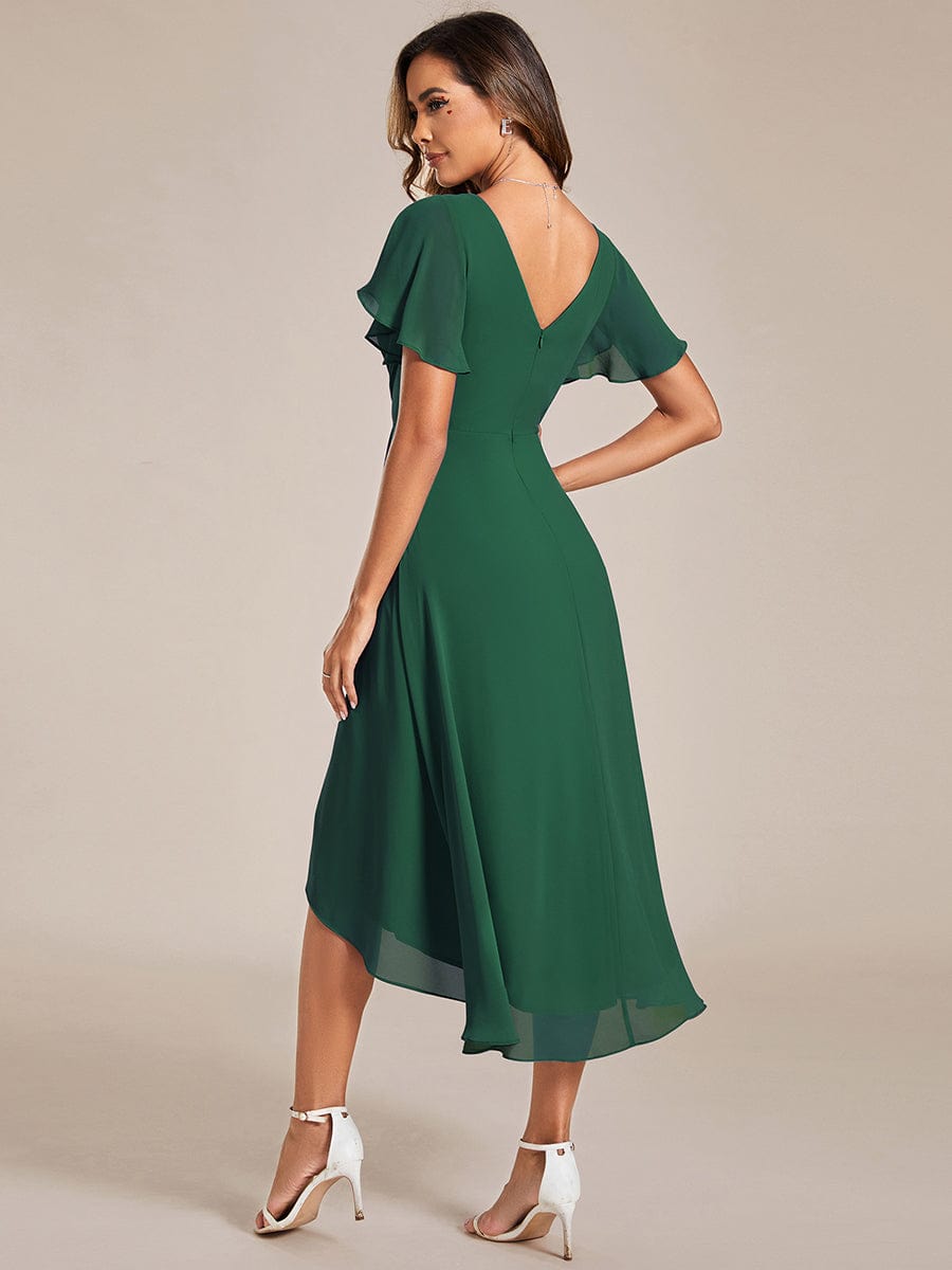 Chiffon Pleated V Neck High-Low Bridesmaid Dress #color_Dark Green