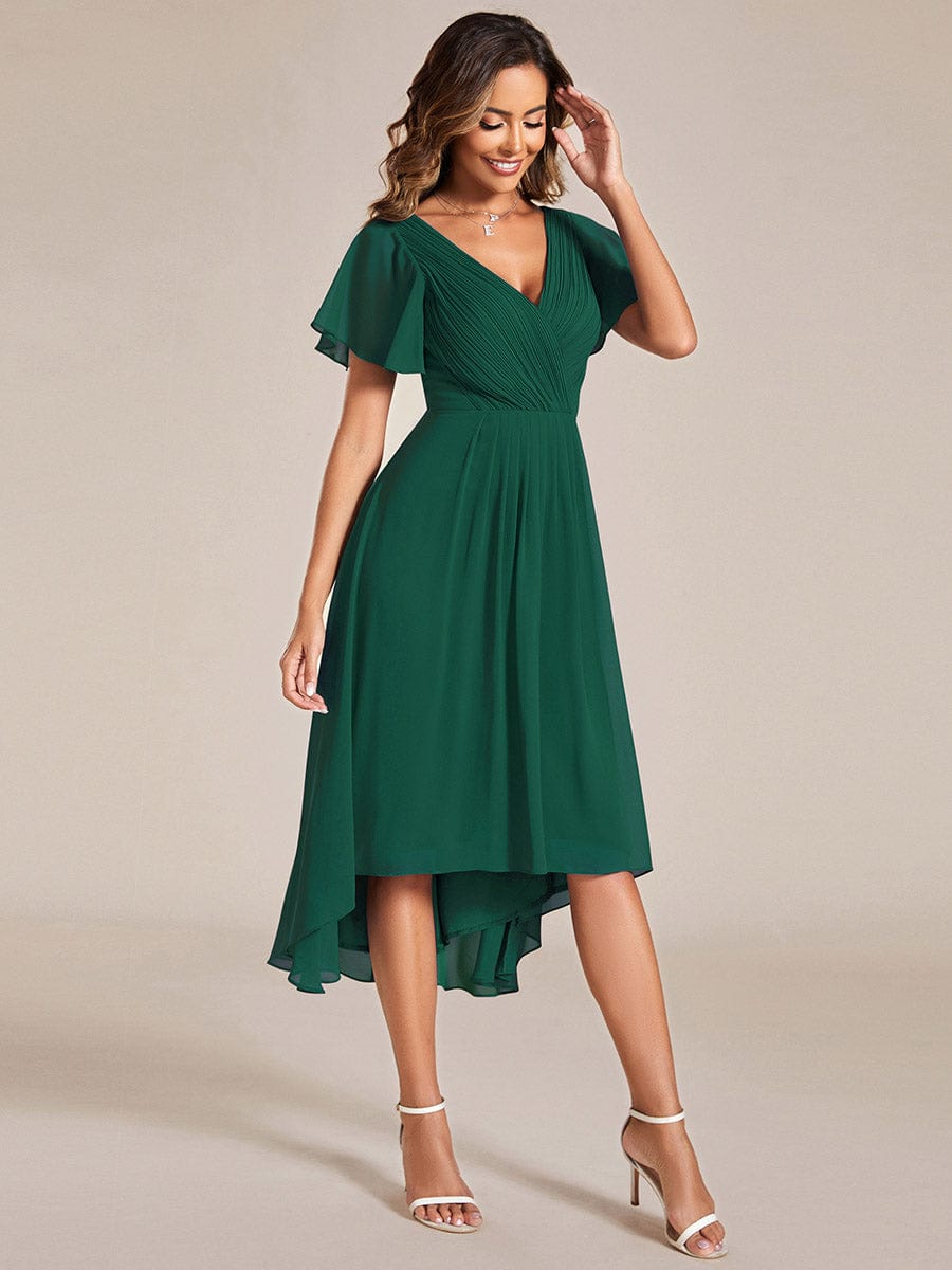 Chiffon Pleated V Neck High-Low Bridesmaid Dress #color_Dark Green