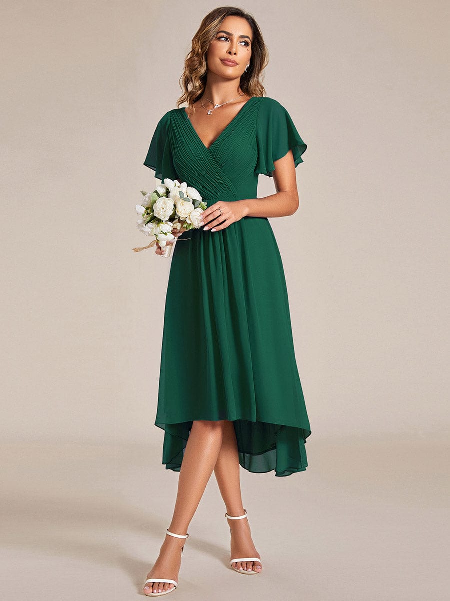 Chiffon Pleated V Neck High-Low Bridesmaid Dress #color_Dark Green