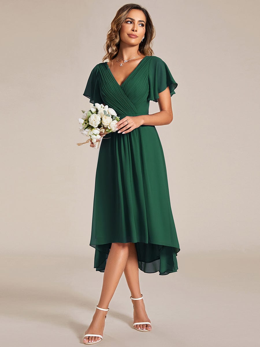 Chic V Neck High-Low Wedding Guest Dress #color_Dark Green