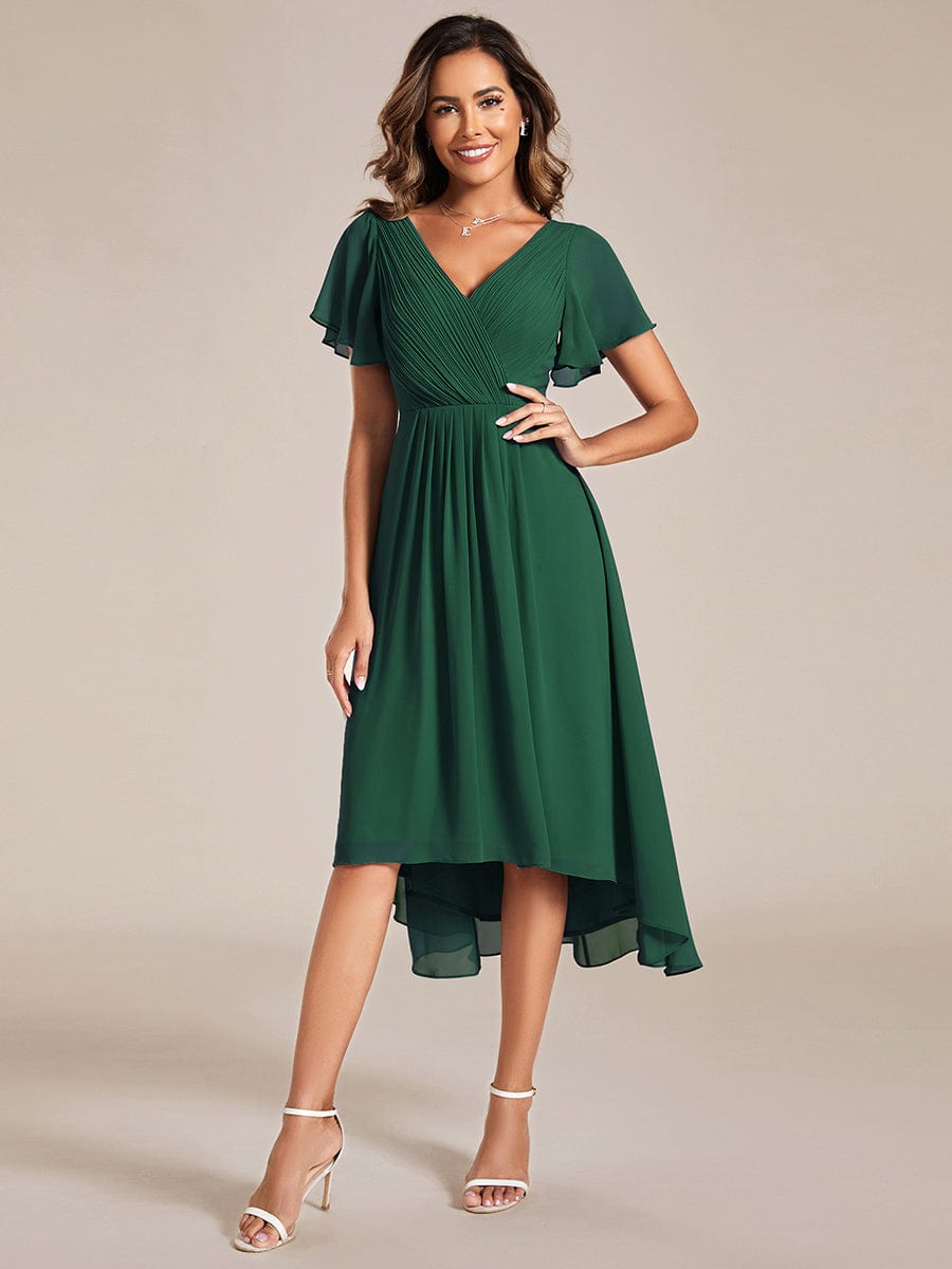 Chic V Neck High-Low Wedding Guest Dress #color_Dark Green