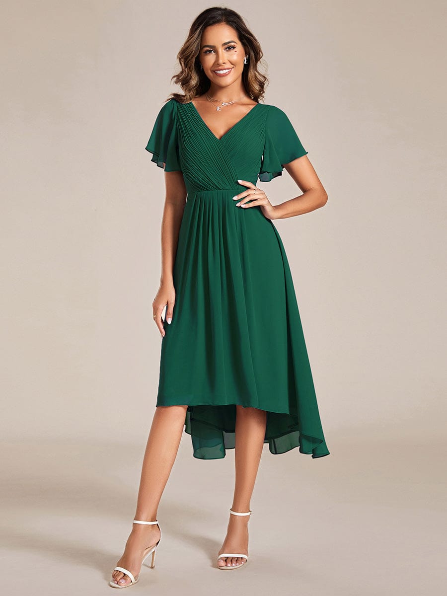 Custom Size Chic V Neck High-Low Wedding Guest Dress #color_Dark Green