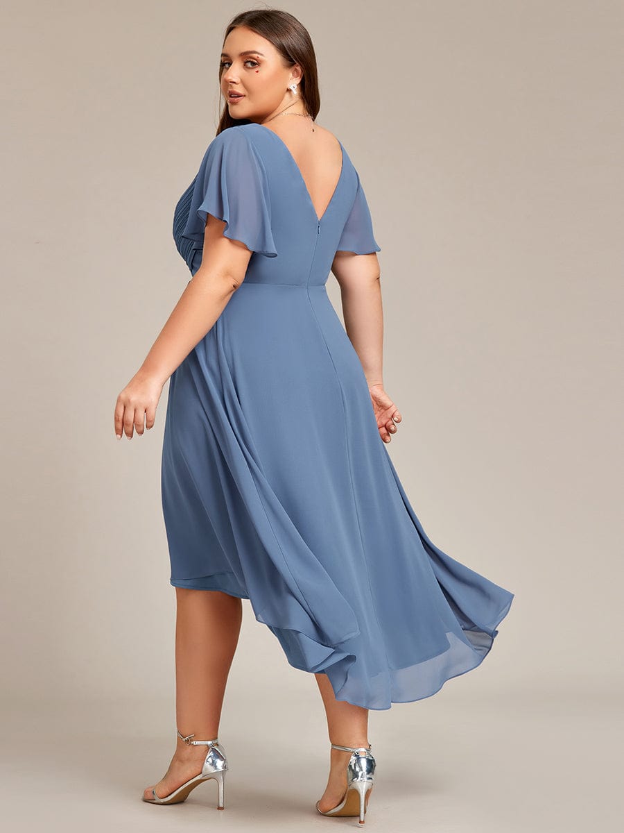 Custom Size Chic V Neck High-Low Wedding Guest Dress #color_Dusty Blue