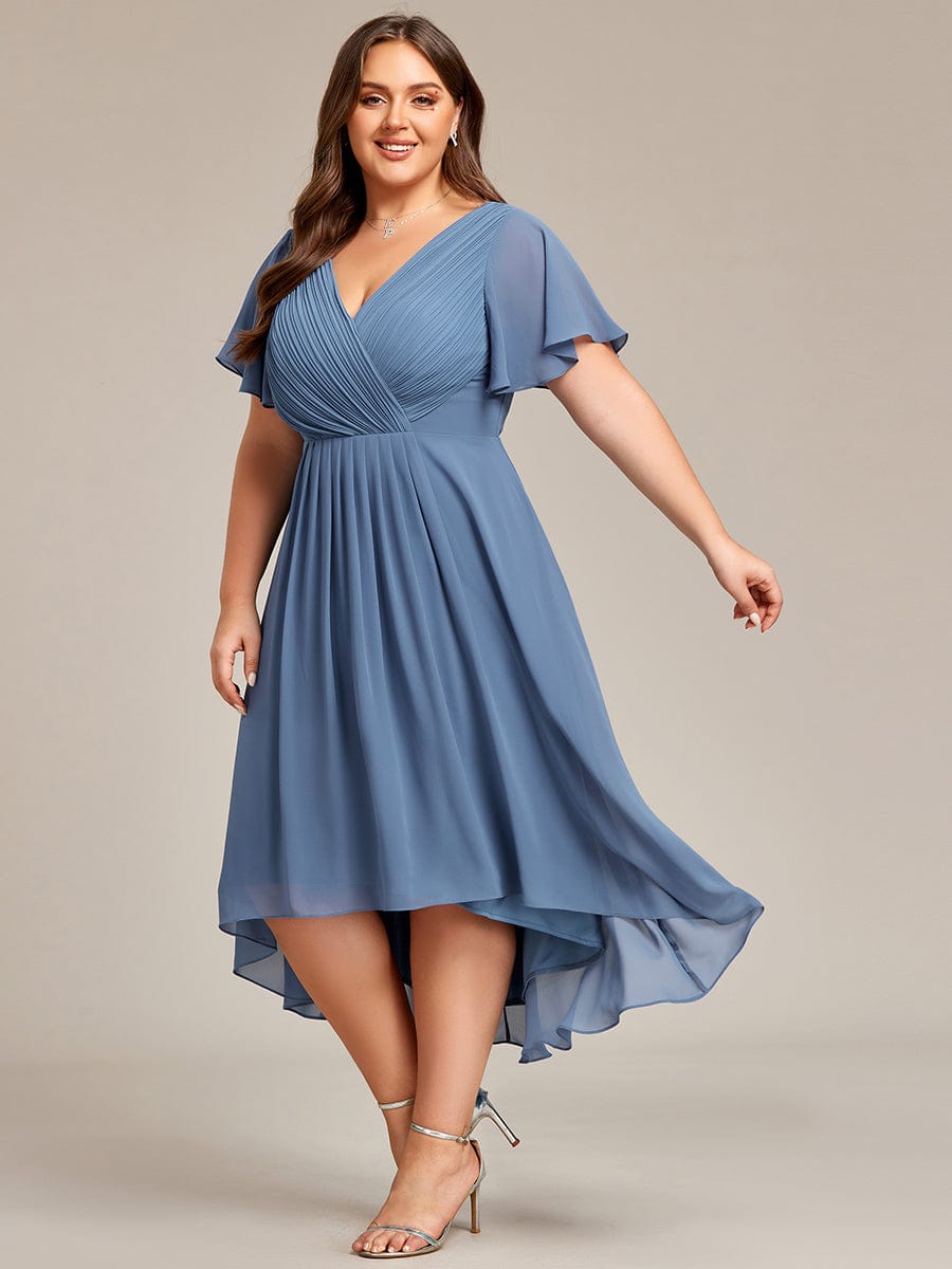 Custom Size Chic V Neck High-Low Wedding Guest Dress #color_Dusty Blue