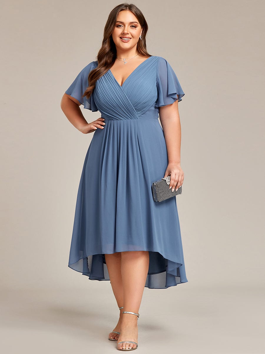 Plus Size V-Neck High-Low Chiffon Wedding Guest Dress #color_Dusty Navy
