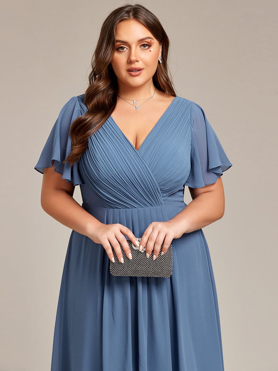 Plus Size V-Neck High-Low Chiffon Wedding Guest Dress #color_Dusty Navy