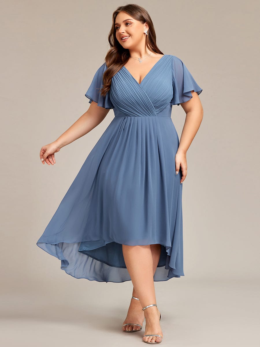 Chiffon Pleated V Neck High-Low Bridesmaid Dress #color_Dusty Blue