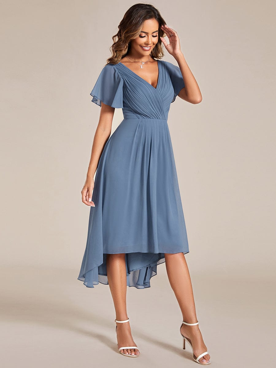 Chiffon Pleated V Neck High-Low Bridesmaid Dress #color_Dusty Blue