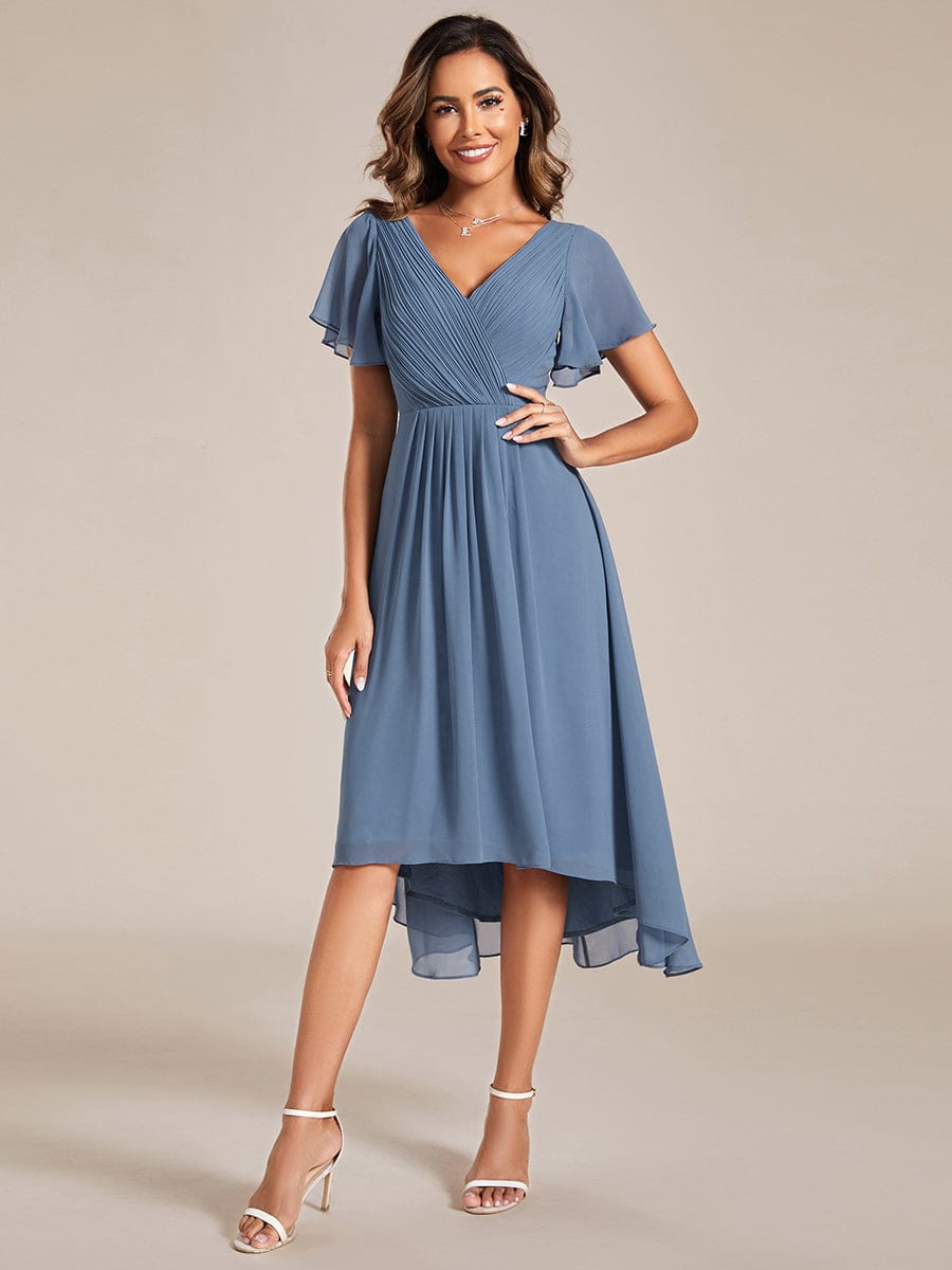 Chiffon Pleated V Neck High-Low Bridesmaid Dress #color_Dusty Blue