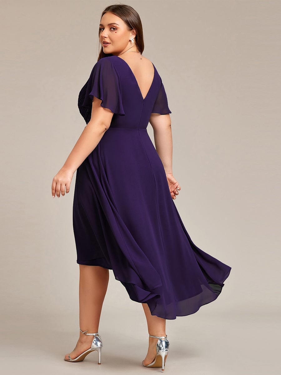 Plus Size V-Neck High-Low Chiffon Wedding Guest Dress #color_Dark Purple